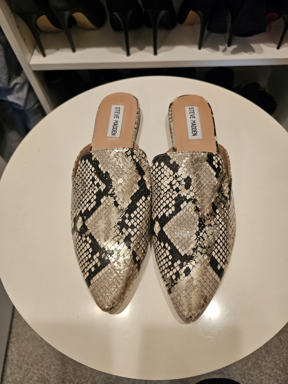 Steve Madden Gold & Black Snake-Print Pointed Mules